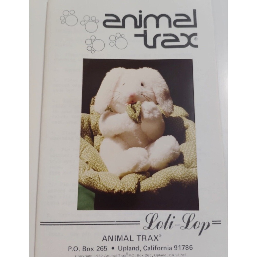 Animal Trax Loli-Lop Bunny Rabbit Sewing Pattern Plush Stuffed Toy 1982 Uncut